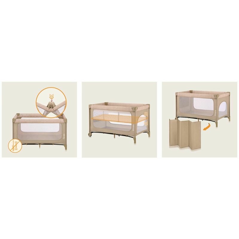 Patut pliant, Lionelo, Jasmin Easy Fold, Pana la 15 kg, Usor de pliat, Cu doua nivele, Cu saltea ergonomica T25, Cu intrare laterala cu fermoar, 2 roti cu frana, 120 x 60 cm, Conform cu EN 716, 0-36 luni, Bej