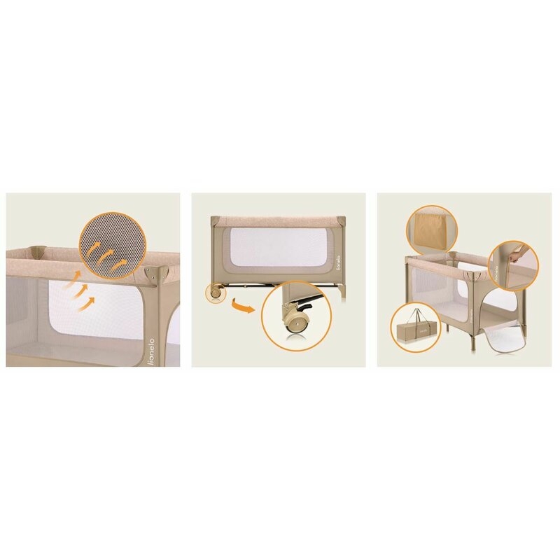 Patut pliant, Lionelo, Jasmin Easy Fold, Pana la 15 kg, Usor de pliat, Cu doua nivele, Cu saltea ergonomica T25, Cu intrare laterala cu fermoar, 2 roti cu frana, 120 x 60 cm, Conform cu EN 716, 0-36 luni, Bej