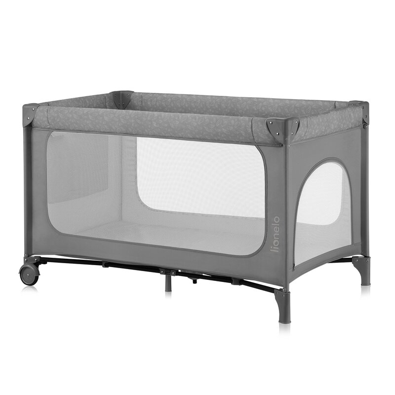 Patut pliant, Lionelo, Jasmin Easy Fold, Pana la 15 kg, Usor de pliat, Cu doua nivele, Cu saltea ergonomica T25, Cu intrare laterala cu fermoar, 2 roti cu frana, 120 x 60 cm, Conform cu EN 716, 0-36 luni, Gri
