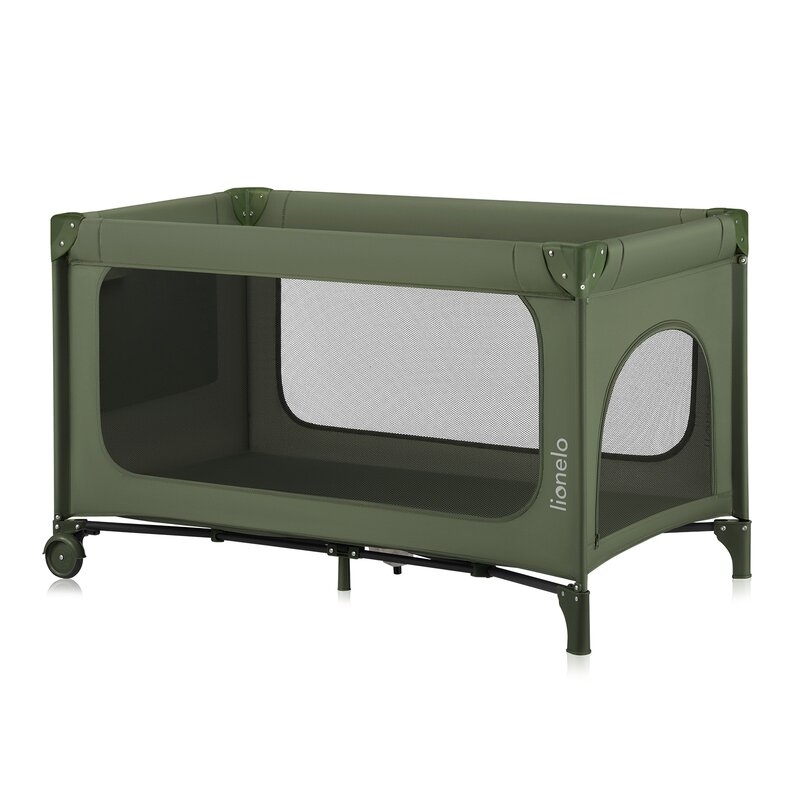 Patut pliant, Lionelo, Jasmin Easy Fold, Pana la 15 kg, Usor de pliat, Cu doua nivele, Cu saltea ergonomica T25, Cu intrare laterala cu fermoar, 2 roti cu frana, 120 x 60 cm, Conform cu EN 716, 0-36 luni, Verde