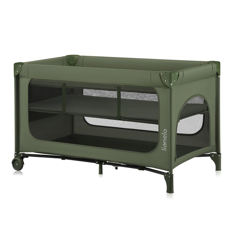 Patut pliant, Lionelo, Jasmin Easy Fold, Pana la 15 kg, Usor de pliat, Cu doua nivele, Cu saltea ergonomica T25, Cu intrare laterala cu fermoar, 2 roti cu frana, 120 x 60 cm, Conform cu EN 716, 0-36 luni, Verde