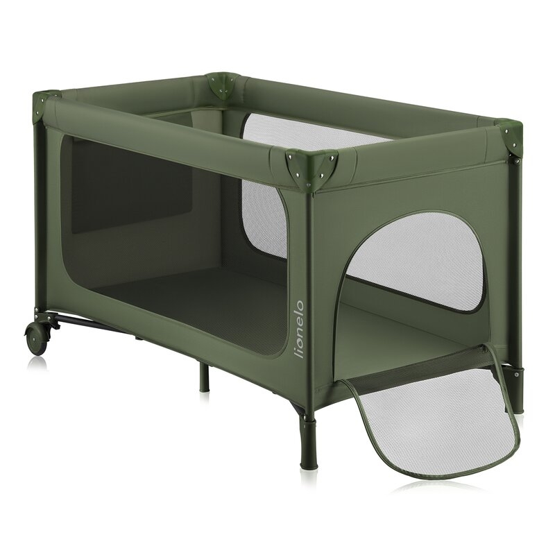 Patut pliant, Lionelo, Jasmin Easy Fold, Pana la 15 kg, Usor de pliat, Cu doua nivele, Cu saltea ergonomica T25, Cu intrare laterala cu fermoar, 2 roti cu frana, 120 x 60 cm, Conform cu EN 716, 0-36 luni, Verde