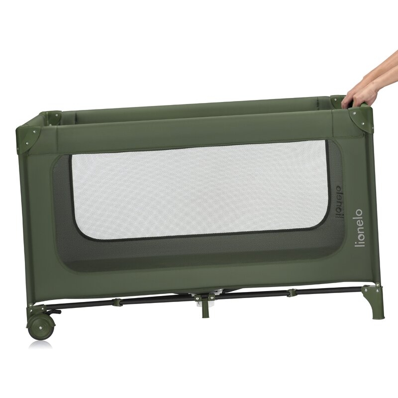 Patut pliant, Lionelo, Jasmin Easy Fold, Pana la 15 kg, Usor de pliat, Cu doua nivele, Cu saltea ergonomica T25, Cu intrare laterala cu fermoar, 2 roti cu frana, 120 x 60 cm, Conform cu EN 716, 0-36 luni, Verde