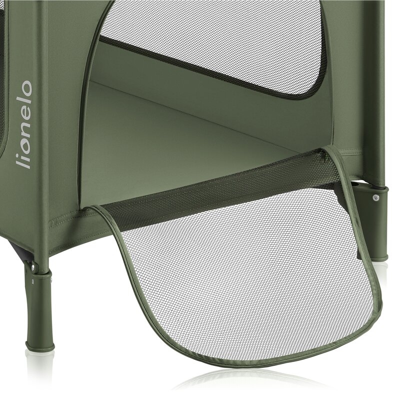 Patut pliant, Lionelo, Jasmin Easy Fold, Pana la 15 kg, Usor de pliat, Cu doua nivele, Cu saltea ergonomica T25, Cu intrare laterala cu fermoar, 2 roti cu frana, 120 x 60 cm, Conform cu EN 716, 0-36 luni, Verde