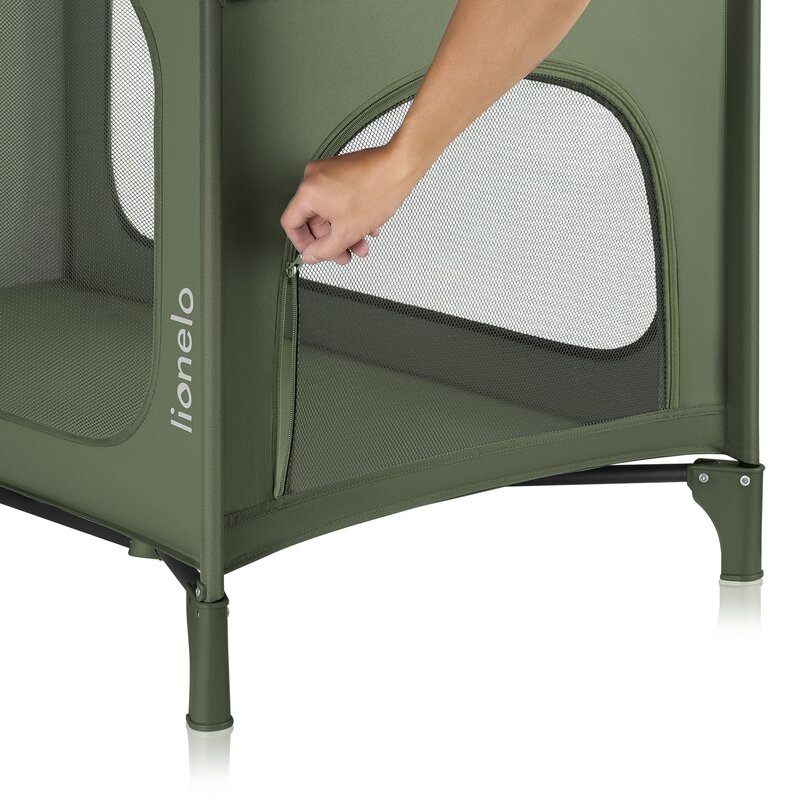 Patut pliant, Lionelo, Jasmin Easy Fold, Pana la 15 kg, Usor de pliat, Cu doua nivele, Cu saltea ergonomica T25, Cu intrare laterala cu fermoar, 2 roti cu frana, 120 x 60 cm, Conform cu EN 716, 0-36 luni, Verde