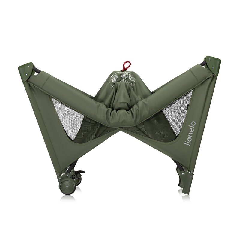 Patut pliant, Lionelo, Jasmin Easy Fold, Pana la 15 kg, Usor de pliat, Cu doua nivele, Cu saltea ergonomica T25, Cu intrare laterala cu fermoar, 2 roti cu frana, 120 x 60 cm, Conform cu EN 716, 0-36 luni, Verde