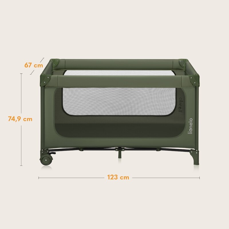 Patut pliant, Lionelo, Jasmin Easy Fold, Pana la 15 kg, Usor de pliat, Cu doua nivele, Cu saltea ergonomica T25, Cu intrare laterala cu fermoar, 2 roti cu frana, 120 x 60 cm, Conform cu EN 716, 0-36 luni, Verde