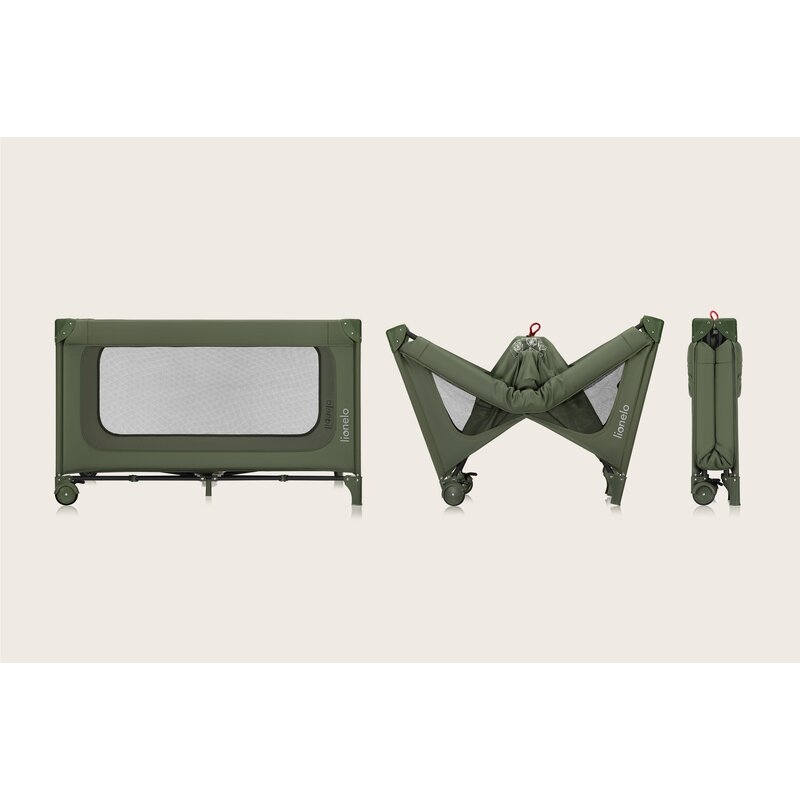 Patut pliant, Lionelo, Jasmin Easy Fold, Pana la 15 kg, Usor de pliat, Cu doua nivele, Cu saltea ergonomica T25, Cu intrare laterala cu fermoar, 2 roti cu frana, 120 x 60 cm, Conform cu EN 716, 0-36 luni, Verde
