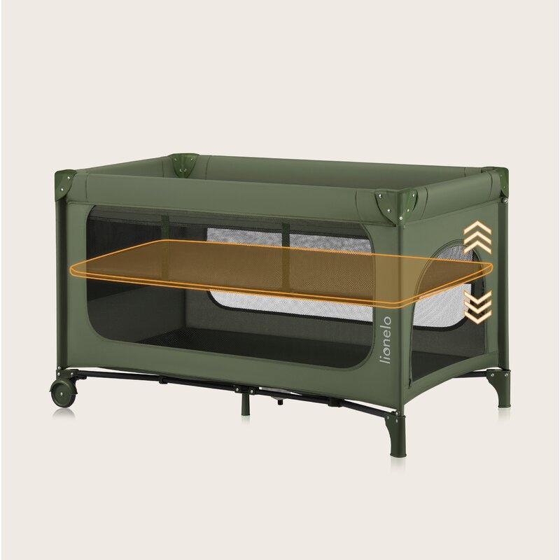 Patut pliant, Lionelo, Jasmin Easy Fold, Pana la 15 kg, Usor de pliat, Cu doua nivele, Cu saltea ergonomica T25, Cu intrare laterala cu fermoar, 2 roti cu frana, 120 x 60 cm, Conform cu EN 716, 0-36 luni, Verde