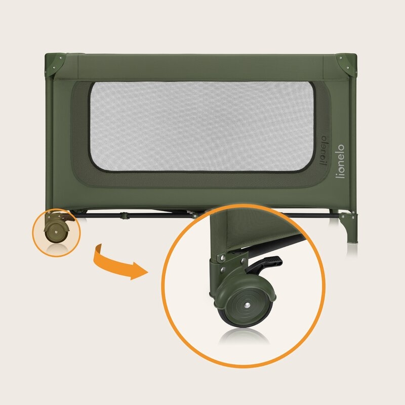 Patut pliant, Lionelo, Jasmin Easy Fold, Pana la 15 kg, Usor de pliat, Cu doua nivele, Cu saltea ergonomica T25, Cu intrare laterala cu fermoar, 2 roti cu frana, 120 x 60 cm, Conform cu EN 716, 0-36 luni, Verde