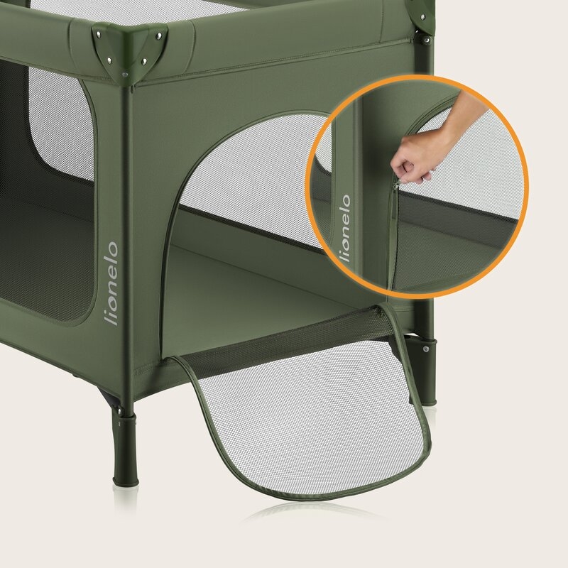 Patut pliant, Lionelo, Jasmin Easy Fold, Pana la 15 kg, Usor de pliat, Cu doua nivele, Cu saltea ergonomica T25, Cu intrare laterala cu fermoar, 2 roti cu frana, 120 x 60 cm, Conform cu EN 716, 0-36 luni, Verde
