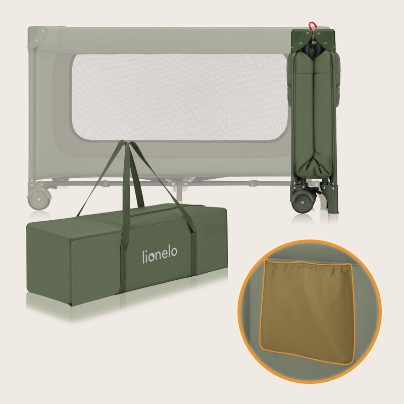 Patut pliant, Lionelo, Jasmin Easy Fold, Pana la 15 kg, Usor de pliat, Cu doua nivele, Cu saltea ergonomica T25, Cu intrare laterala cu fermoar, 2 roti cu frana, 120 x 60 cm, Conform cu EN 716, 0-36 luni, Verde