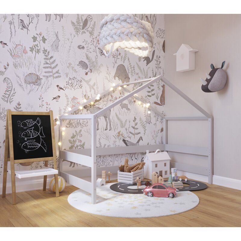 Patut tip casuta YappyHytte Bed din lemn certificat FSC, Transformabil in casuta de joaca, Cu bariera de protectie, In stil scandinav, Yappy Kids, 160x80 cm, Gri