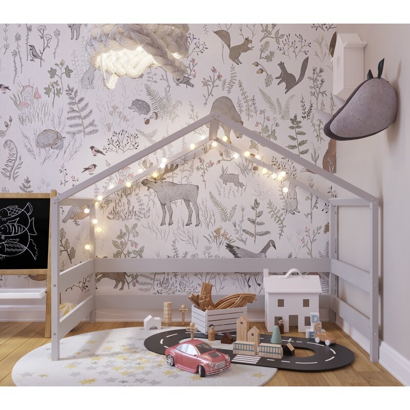 Patut tip casuta YappyHytte Bed din lemn certificat FSC, Transformabil in casuta de joaca, Cu bariera de protectie, In stil scandinav, Yappy Kids, 160x80 cm, Gri