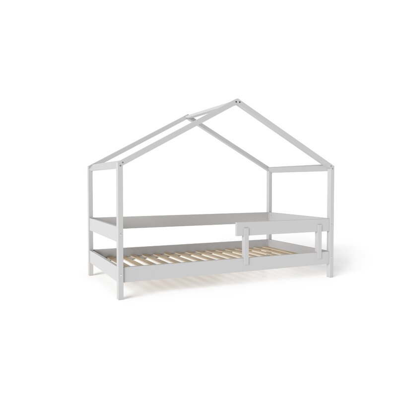 Patut tip casuta YappyHytte Bed din lemn certificat FSC, Transformabil in casuta de joaca, Cu bariera de protectie, In stil scandinav, Yappy Kids, 160x80 cm, Gri