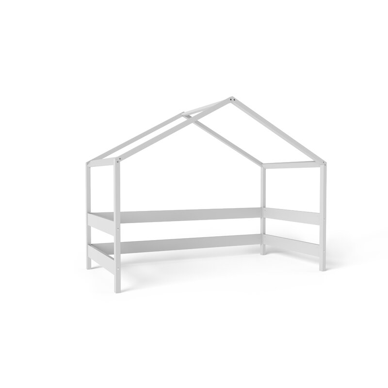 Patut tip casuta YappyHytte Bed din lemn certificat FSC, Transformabil in casuta de joaca, Cu bariera de protectie, In stil scandinav, Yappy Kids, 160x80 cm, Gri