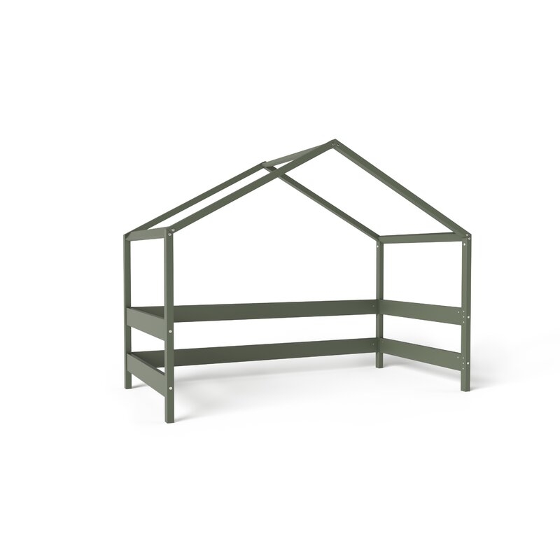 Patut tip casuta YappyHytte Bed din lemn certificat FSC, Transformabil in casuta de joaca, Cu bariera de protectie, In stil scandinav, Yappy Kids, 160x80 cm, Verde