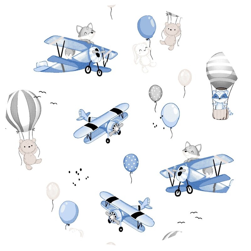 Perna clasica de dormit, MimiNu, Cu volanas, Cu husa detasabila cu fermoar, Din bumbac certificat Oeko Tex Standard 100, Pentru patut, carucior, balansoar, 30x40 cm, Blue Plane