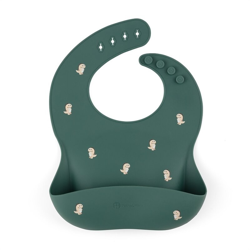 Petite&Mars - Baveta moale Take&Match, Reglabil, Cu buzunar colector, Silicon, Fara BPA, 6 luni+, Model dinozauri, Verde