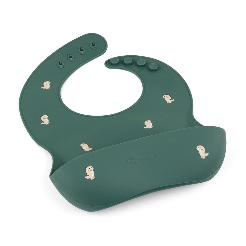 Petite&Mars - Baveta moale Take&Match, Reglabil, Cu buzunar colector, Silicon, Fara BPA, 6 luni+, Model dinozauri, Verde