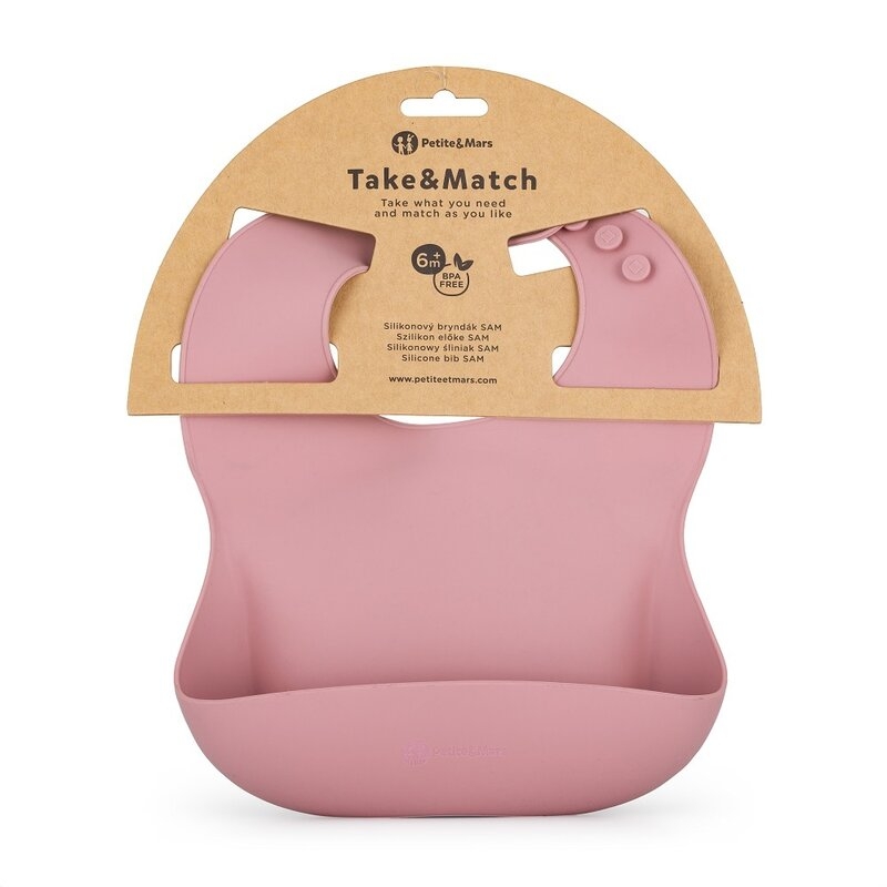 Petite&Mars - Baveta moale Take&Match, Reglabil, Cu buzunar colector, Silicon, Fara BPA, 6 luni+, Roz