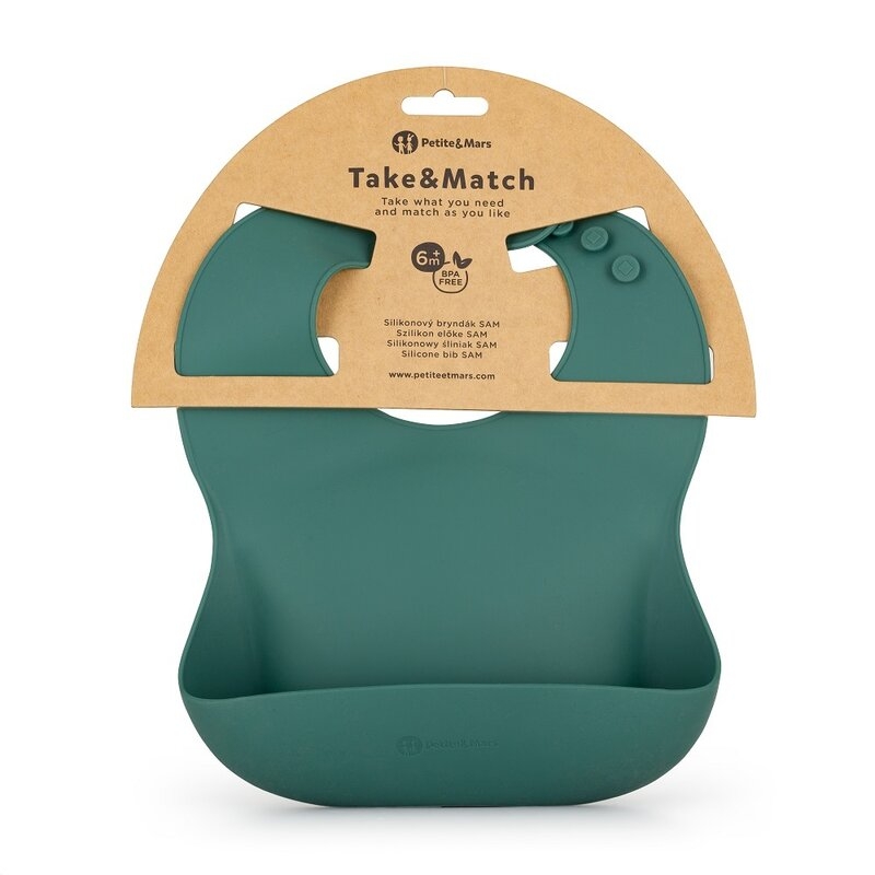 Petite&Mars - Baveta moale Take&Match, Reglabil, Cu buzunar colector, Silicon, Fara BPA, 6 luni+, Verde