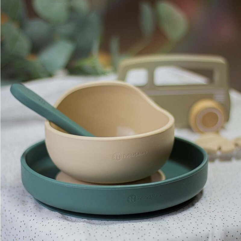 Petite&Mars - Bol din silicon fara BPA, Cu ventuza, TAKE&MATCH, 6 luni+, 350 ml, Verde Inchis