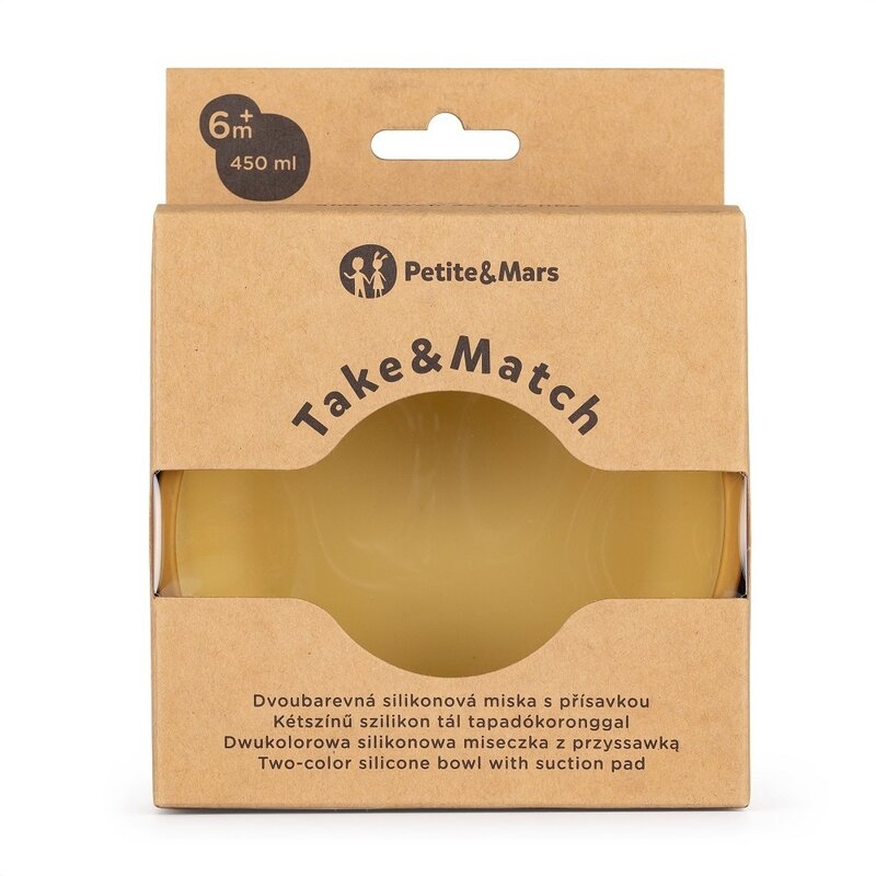 Petite&Mars - Bol Take&Match, Cu ventuza, Silicon, Fara BPA, 450 ml, 6 luni+, Galben