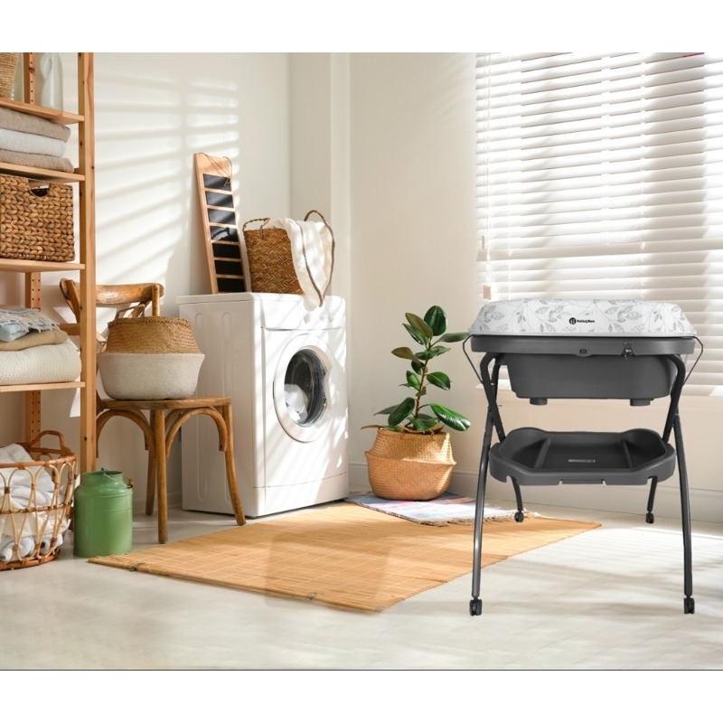Petite&Mars - Cadita 3 in 1, Spa, Cu masuta de infasat si spatiu de depozitare, Pliabila, Cu roti si sistem de scurgere, Gri