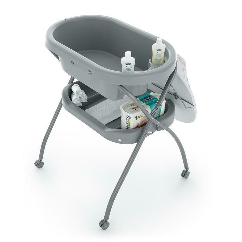 Petite&Mars - Cadita 3 in 1, Spa, Cu masuta de infasat si spatiu de depozitare, Pliabila, Cu roti si sistem de scurgere, Gri