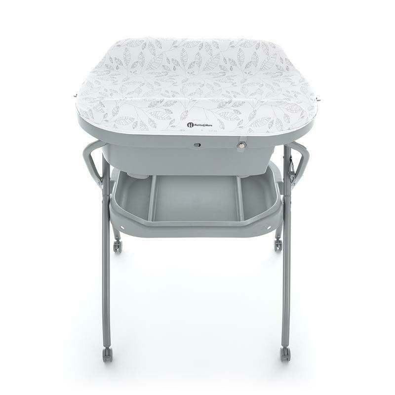 Petite&Mars - Cadita 3 in 1, Spa, Cu masuta de infasat si spatiu de depozitare, Pliabila, Cu roti si sistem de scurgere, Gri