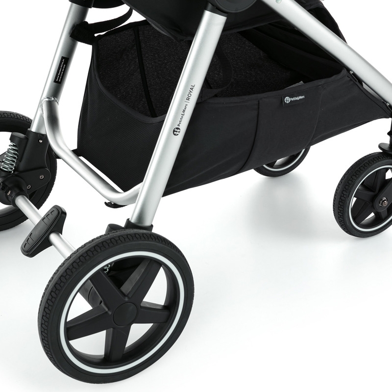 Petite&Mars - Carucior sport, Royal, Include husa pentru scaun, husa pentru picioare, geanta pentru scutece si capotina extensibila, Cu fereastra, Impermeabila, Cu SPF 50, Aluminiu, 0-22 kg, 111 x 57 x 86 cm, Ocean Blue