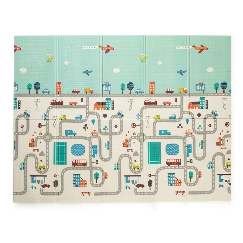 Petite&Mars - Covoras de joaca reversibil, Include geanta pentru transport, Pliabil si impermeabil, Non-toxic, 197 x 147 x 1 cm, Oras, 0 luni+, Multicolor