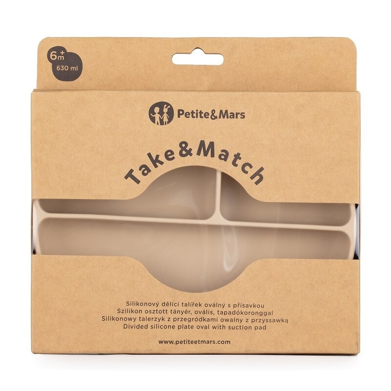 Petite&Mars - Farfurie compartimentata Take&Match, Ovala, Cu ventuza si 3 compartimente, Silicon, Fara BPA, 630 ml, 6 luni+, Bej