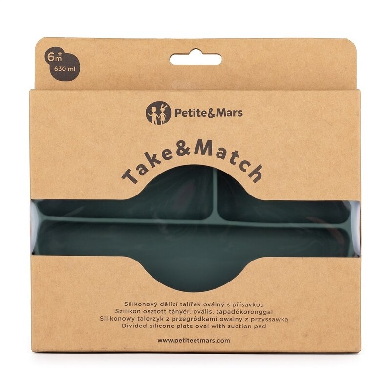 Petite&Mars - Farfurie compartimentata Take&Match, Ovala, Cu ventuza si 3 compartimente, Silicon, Fara BPA, 630 ml, 6 luni+, Verde