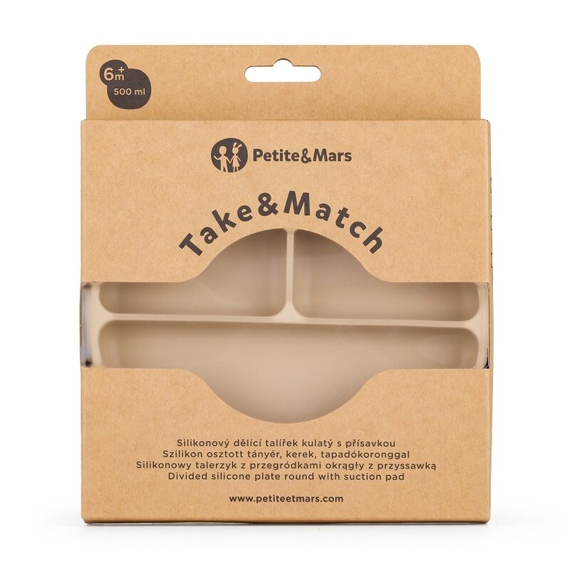 Petite&Mars - Farfurie compartimentata Take&Match, Rotunda, Cu ventuza si 3 compartimente, Silicon, Fara BPA, 500 ml, 6 luni+, Bej