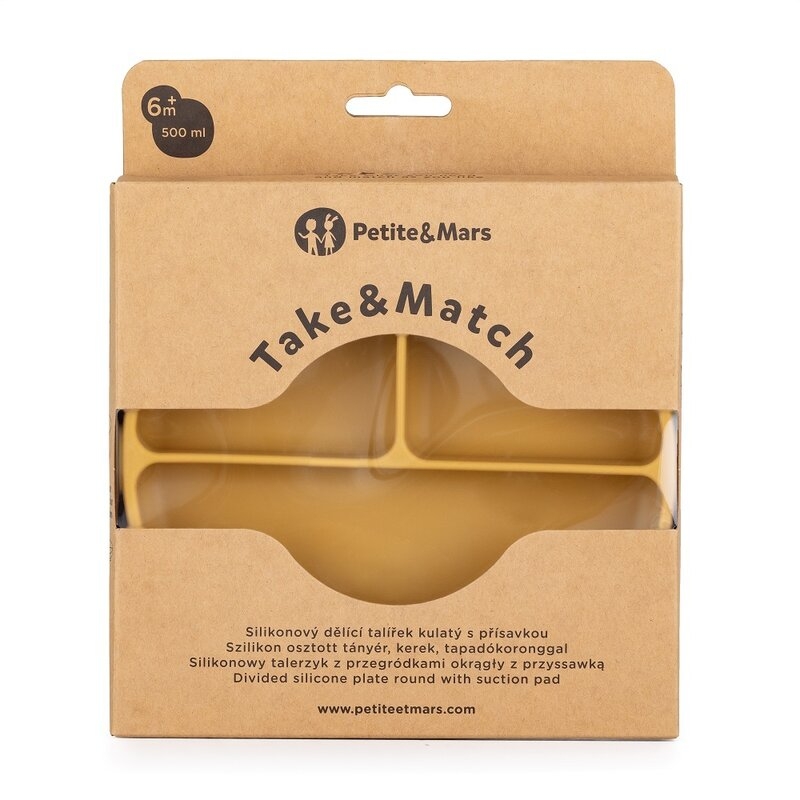 Petite&Mars - Farfurie compartimentata Take&Match, Rotunda, Cu ventuza si 3 compartimente, Silicon, Fara BPA, 500 ml, 6 luni+, Galben