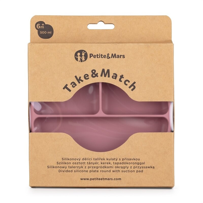 Petite&Mars - Farfurie compartimentata Take&Match, Rotunda, Cu ventuza si 3 compartimente, Silicon, Fara BPA, 500 ml, 6 luni+, Roz