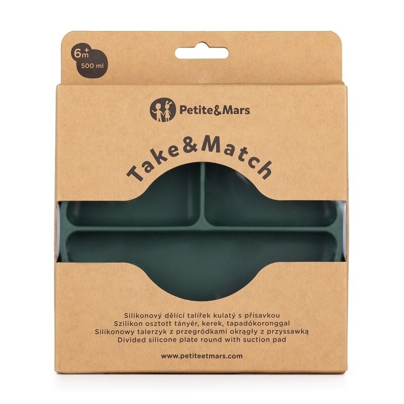 Petite&Mars - Farfurie compartimentata Take&Match, Rotunda, Cu ventuza si 3 compartimente, Silicon, Fara BPA, 500 ml, 6 luni+, Verde