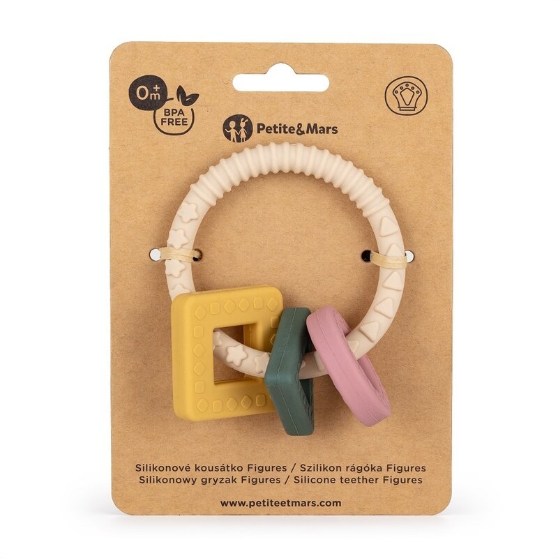 Petite&Mars - Inel pentru dentitie, Include 3 forme geometrice, Moale, Cu diverse texturi, Silicon, Fara BPA, 0 luni+, Multicolor