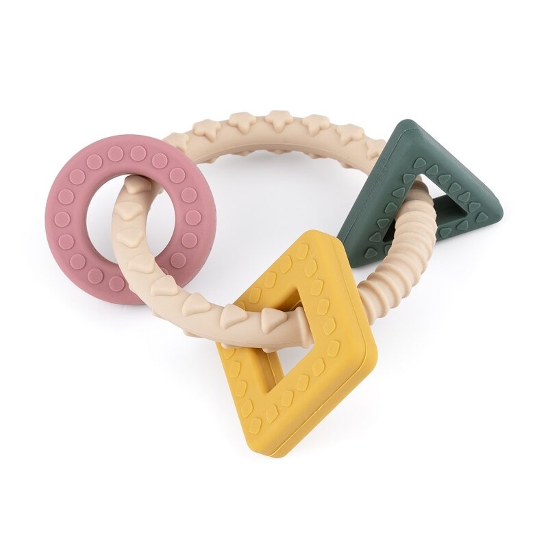 Petite&Mars - Inel pentru dentitie, Include 3 forme geometrice, Moale, Cu diverse texturi, Silicon, Fara BPA, 0 luni+, Multicolor