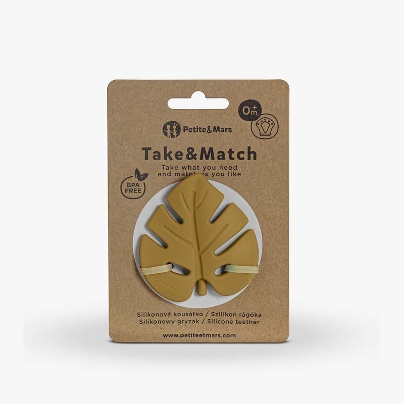 Petite&Mars - Jucarie de dentitie TAKE&MATCH, Din silicon, Fara BPA, Racire in frigider, Ocru