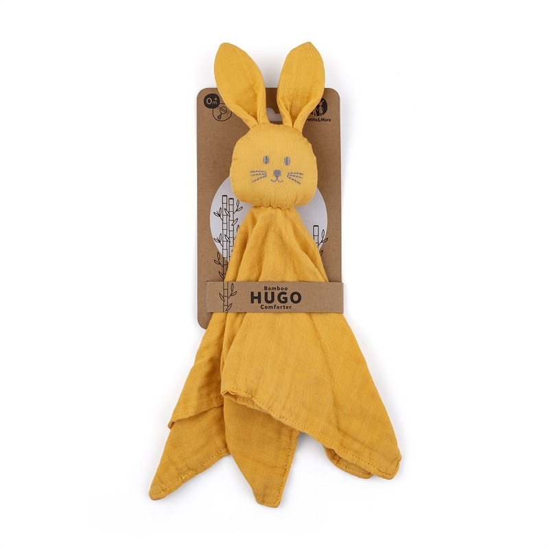 Petite&Mars - Jucarie interactiva, Iepurasul Hugo, Din muselina de bambus, Cu sunet, Conform standardului de securitate Oeko-tex 100,34 x 30 cm, 0 luni+, Galben