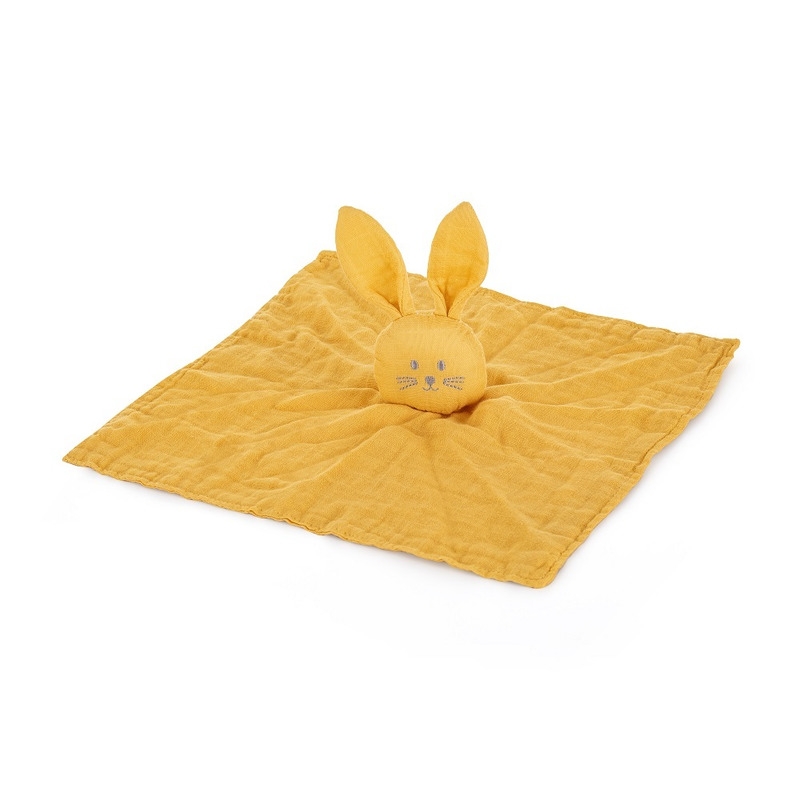 Petite&Mars - Jucarie interactiva, Iepurasul Hugo, Din muselina de bambus, Cu sunet, Conform standardului de securitate Oeko-tex 100,34 x 30 cm, 0 luni+, Galben