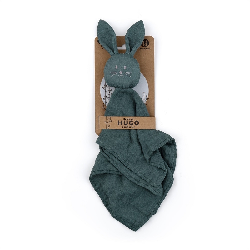 Petite&Mars - Jucarie interactiva, Iepurasul Hugo, Din muselina de bambus, Cu sunet, Conform standardului de securitate Oeko-tex 100,34 x 30 cm, 0 luni+, Verde inchis