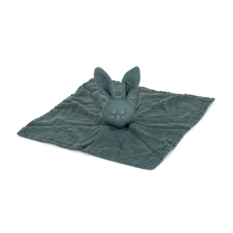 Petite&Mars - Jucarie interactiva, Iepurasul Hugo, Din muselina de bambus, Cu sunet, Conform standardului de securitate Oeko-tex 100,34 x 30 cm, 0 luni+, Verde inchis