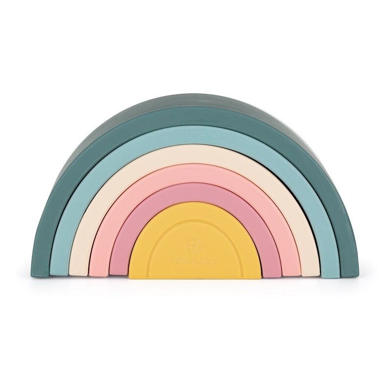 Petite&Mars - Jucarie pentru stivuire, Curcubeu, 14x7.5x5 cm, Silicon, Fara BPA, 6 piese, 12 luni+, Verde