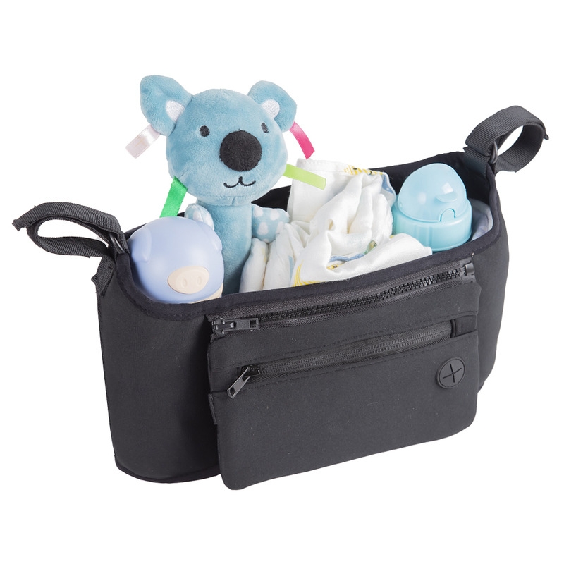 Petite&Mars - Organizator carucior, Cu buzunar frontal detasabil, Dimensiune universala, 31.5x19.5x9.5 cm, Atasare usoara cu Velcro, Negru