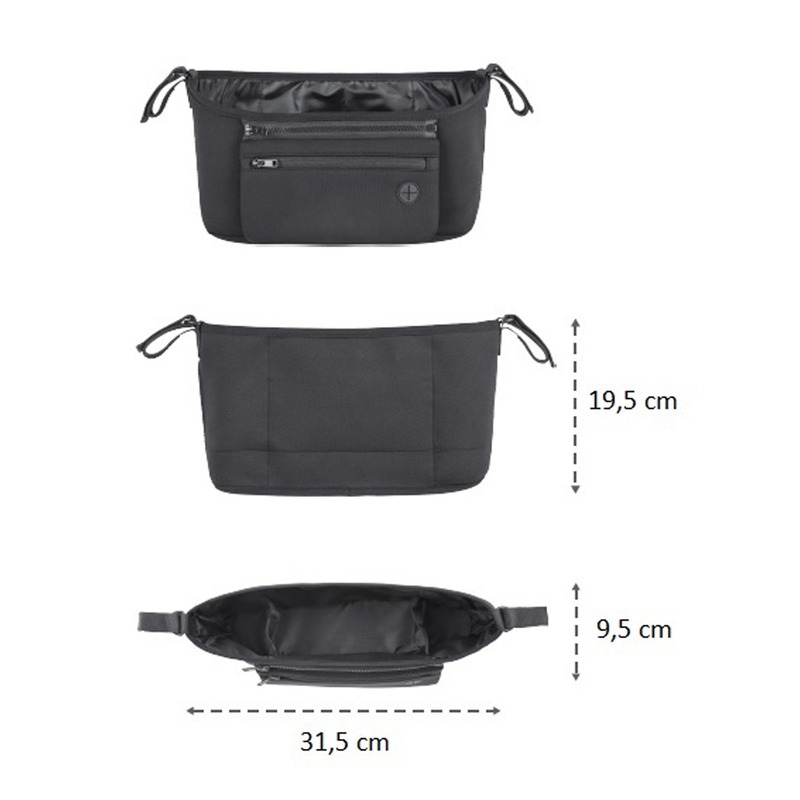 Petite&Mars - Organizator carucior, Cu buzunar frontal detasabil, Dimensiune universala, 31.5x19.5x9.5 cm, Atasare usoara cu Velcro, Negru