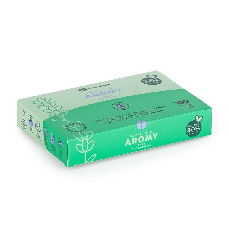 Petite&Mars - Saci parfumati pentru scutece, Aromy, Cu miros de lavanda, Rezistenti, Manere lungi, 100 bucati, Mov